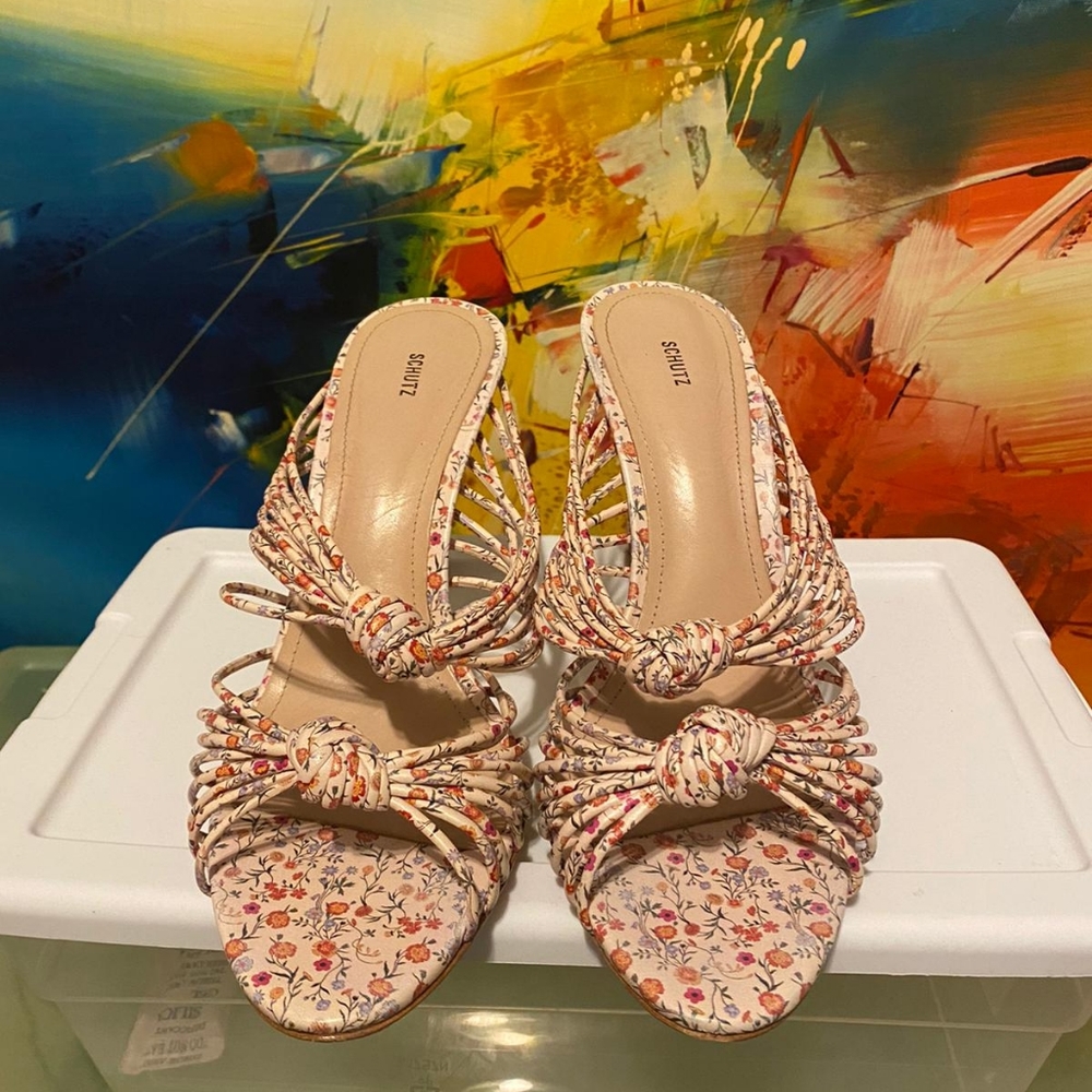 Schutz Floral Knot Heeled Mules